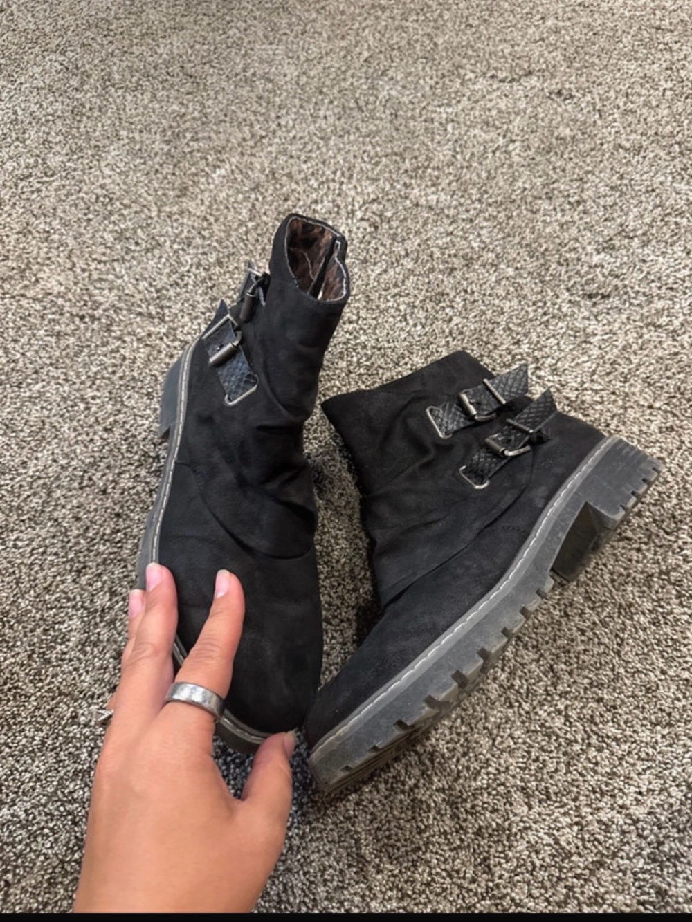 Blowfish Black Suede Combat Ankle Boots with Buckle Straps